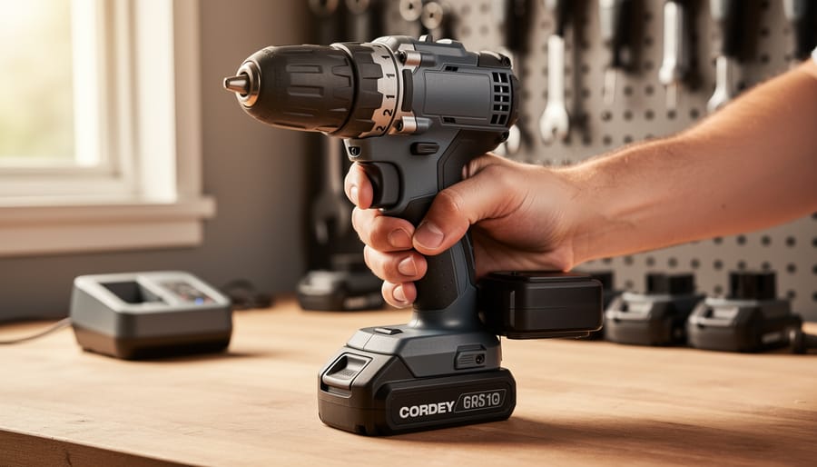 Hand inserting a cordless battery pack into a drill on a tidy workbench, with additional compatible tools, chargers, and spare batteries blurred on a pegboard in soft daylight.