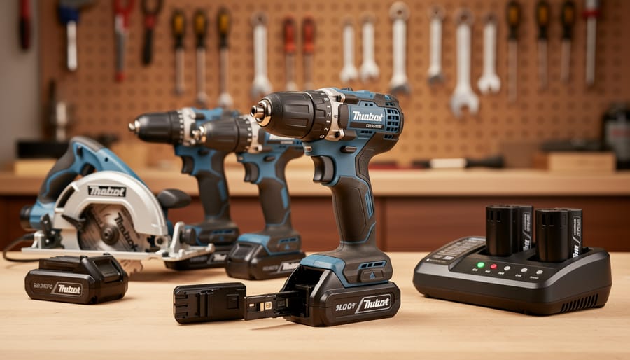 Close-up of hands inserting compatible battery pack into cordless power drill