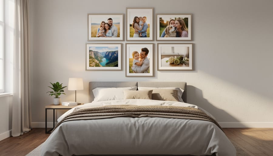 Collection of 8x10 framed photos arranged above bed headboard in bedroom