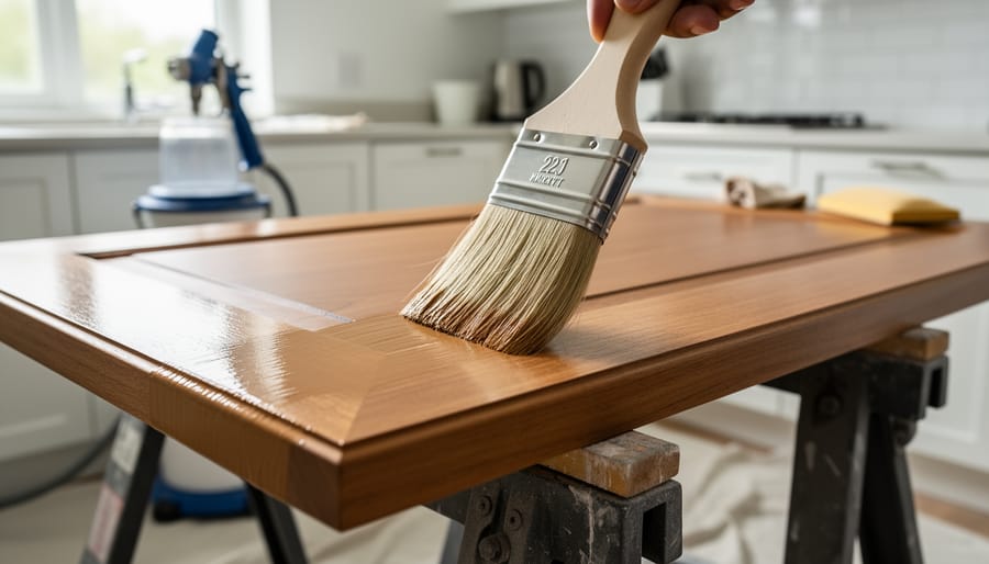Close-up of a synthetic brush applying a thin satin finish to a smoothly sanded wood cabinet door on sawhorses, lit by soft natural window light, with a blurred background showing a paint sprayer, sanding block, and tack cloth in a tidy kitchen workspace.