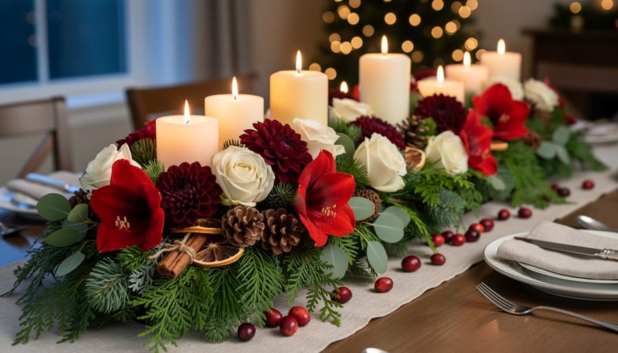 Trio of Christmas floral centerpieces with fresh evergreens, white roses, burgundy dahlias, and amaryllis, accented by pinecones, cinnamon sticks, dried oranges, cranberries, and pillar candles on a dining table.