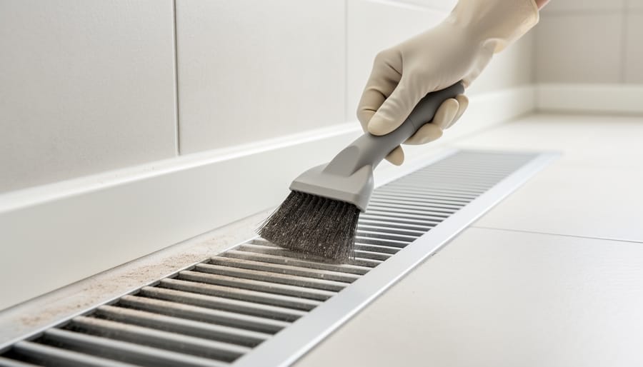 Hand cleaning bathroom heating vent grille with microfiber cloth during routine maintenance