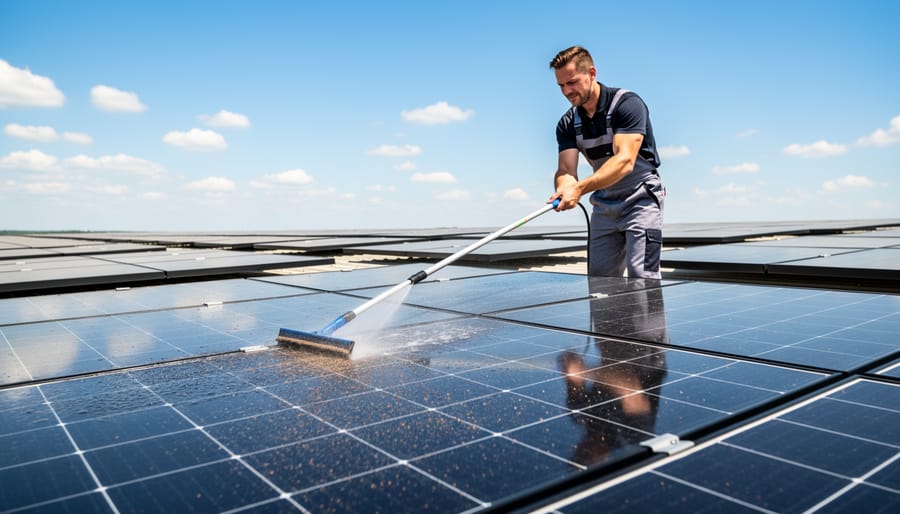 Person cleaning solar panel surface with microfiber cloth and water