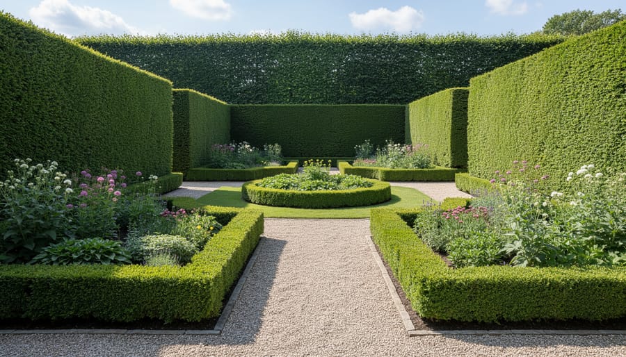 Close-up of manicured boxwood hedge border along brick garden pathway