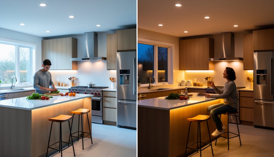 Kitchen showing transition from cool daylight white to warm evening lighting