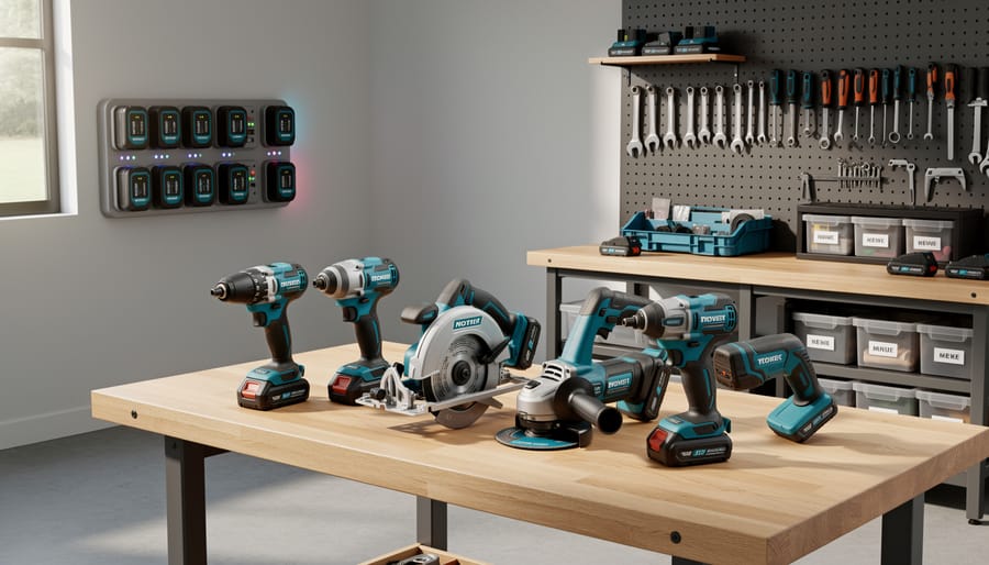 Collection of cordless power tools from same battery platform arranged on workshop bench showing compatibility