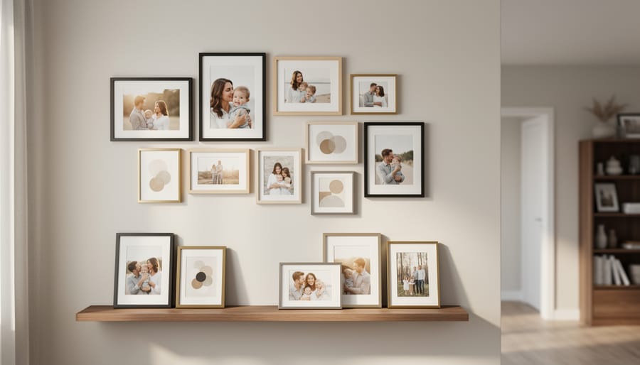 Asymmetrical gallery of 8x10 photo frames in black, wood, and brass on a modern living room wall, with additional prints leaning on a floating shelf; soft daylight from the left; doorway and styled bookcase softly out of focus.