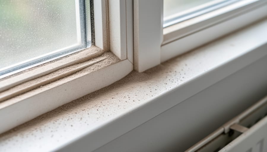 Close-up of cloth cleaning fine construction dust from window track