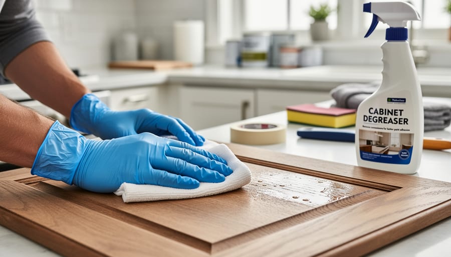Hand in glove cleaning cabinet door with microfiber cloth and degreasing solution