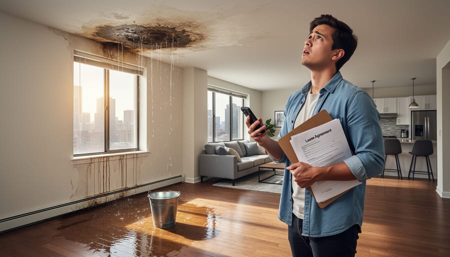 Woman examining water damage on apartment carpet near wall