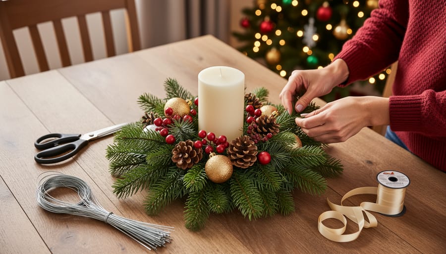 Hands arranging white roses and greenery into floral foam showing DIY centerpiece assembly process