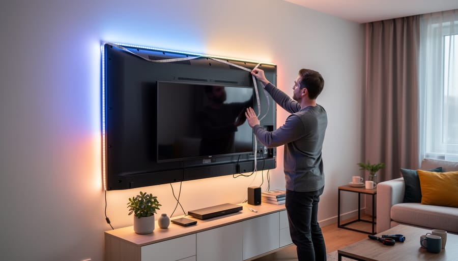 Hands installing LED light strip behind wall-mounted TV during DIY home improvement project