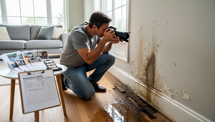 Person photographing ceiling water damage with smartphone for documentation