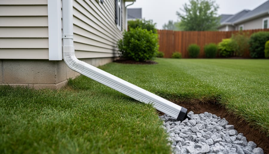 Ground-level view of a house corner where an extended gutter downspout channels rainwater over a graded lawn into a gravel French drain several feet from the foundation, under soft overcast light with landscaped yard in the background.