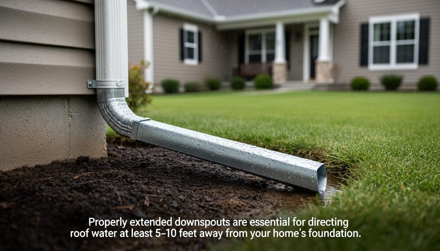 Downspout extension channeling water away from house foundation onto lawn