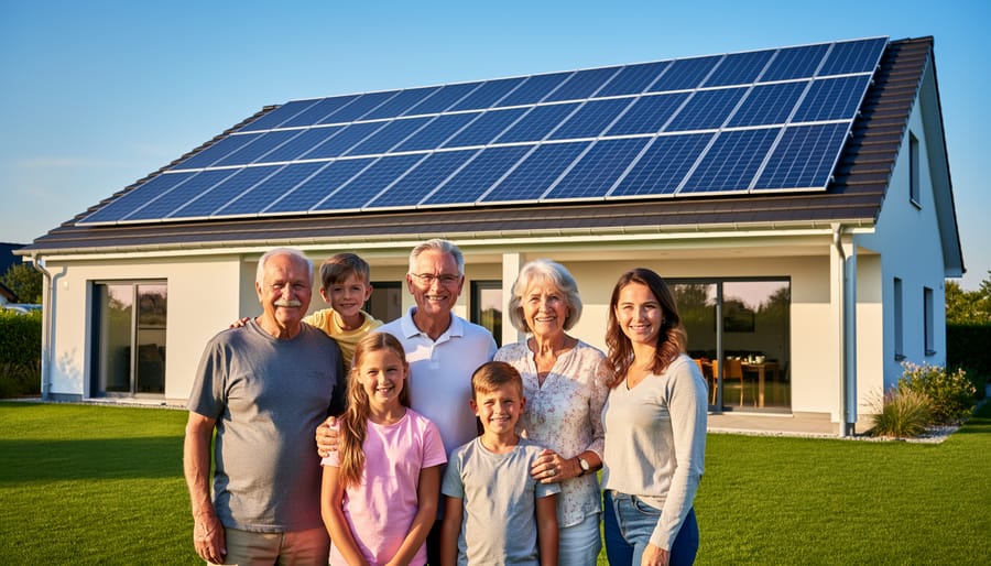Family standing in front of home with solar panels on roof