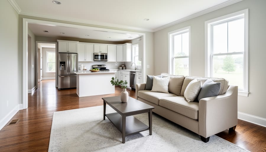 Pristine modern living room with clean floors, spotless windows, and polished fixtures after final cleaning phase
