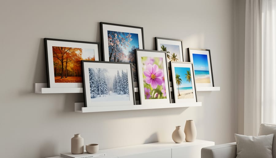 Floating picture ledges with layered 8x10 photos and decorative objects on wall