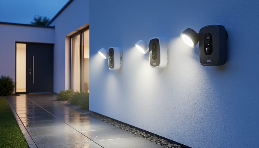 White security camera floodlight fixture mounted on house exterior wall