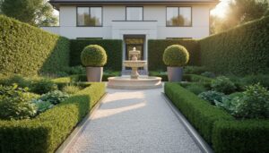 Eye-level straight-on view of a residential formal garden with boxwood hedges, steel-edged rectangular beds, mirrored topiary planters, a straight gravel path, and a centered fountain in golden-hour light.