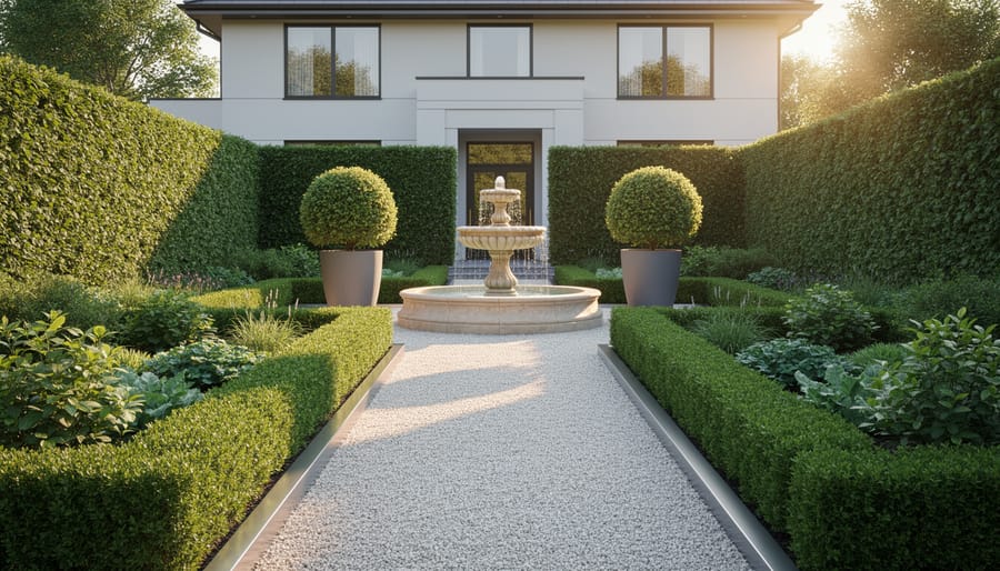 Eye-level straight-on view of a residential formal garden with boxwood hedges, steel-edged rectangular beds, mirrored topiary planters, a straight gravel path, and a centered fountain in golden-hour light.