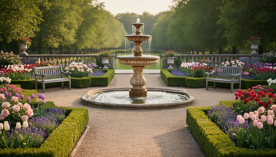 Stone fountain centerpiece surrounded by symmetrical formal garden plantings