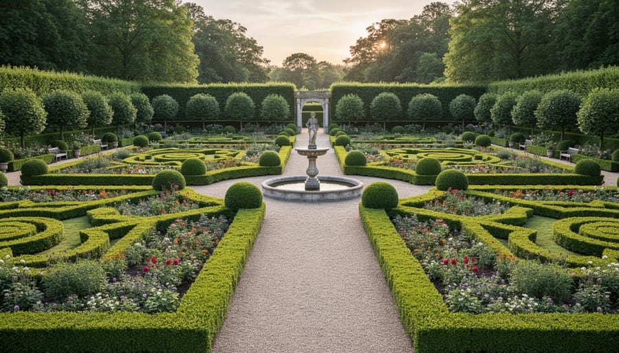 Overhead view of symmetrical formal garden with geometric boxwood hedge patterns