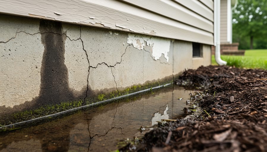 Damaged foundation wall with visible crack and water stains near soil line
