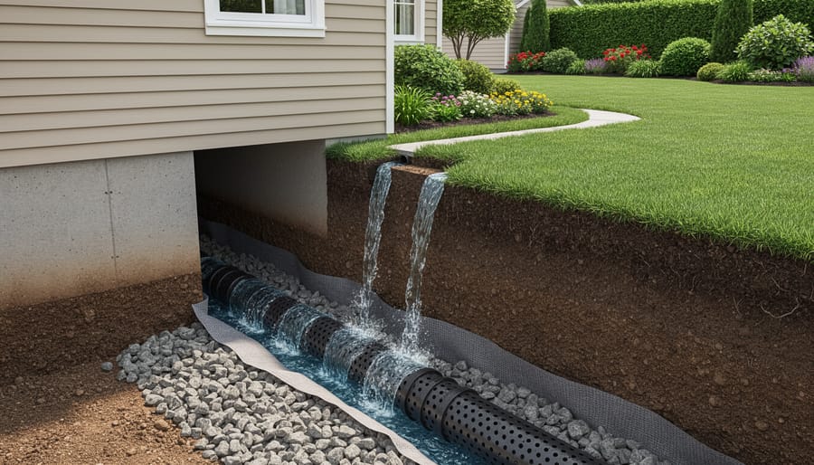 French drain system with perforated pipe and gravel during installation near foundation