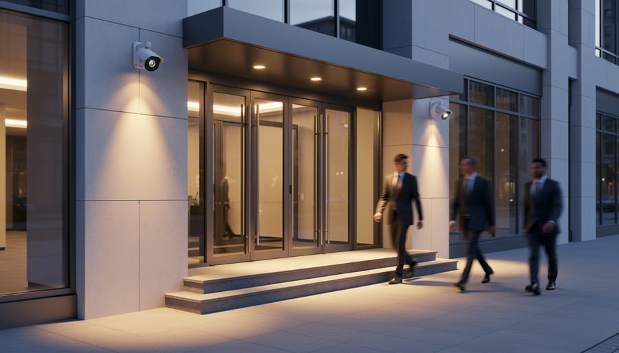 Front porch entrance with illuminated security camera light fixture at dusk