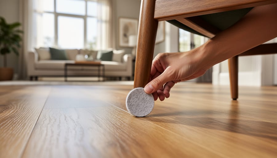 Close-up of furniture floor protector pad on luxury vinyl flooring preventing scratches and damage