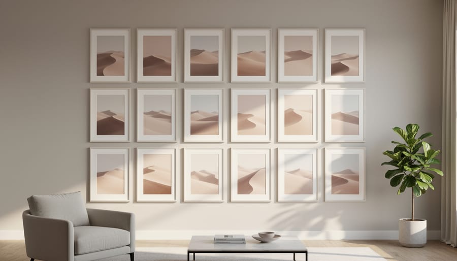 Nine 8x10 framed photos arranged in symmetrical grid pattern on white living room wall
