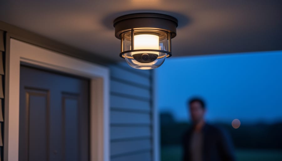 Close-up of a modern porch ceiling light with a built-in camera lens glowing warmly at dusk, with a softly blurred front door and faint silhouette approaching in the background.