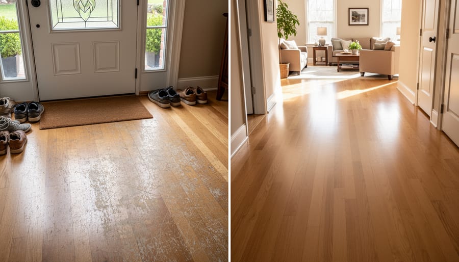 Entryway with luxury vinyl flooring showing typical high-traffic family use with shoes and mudroom area