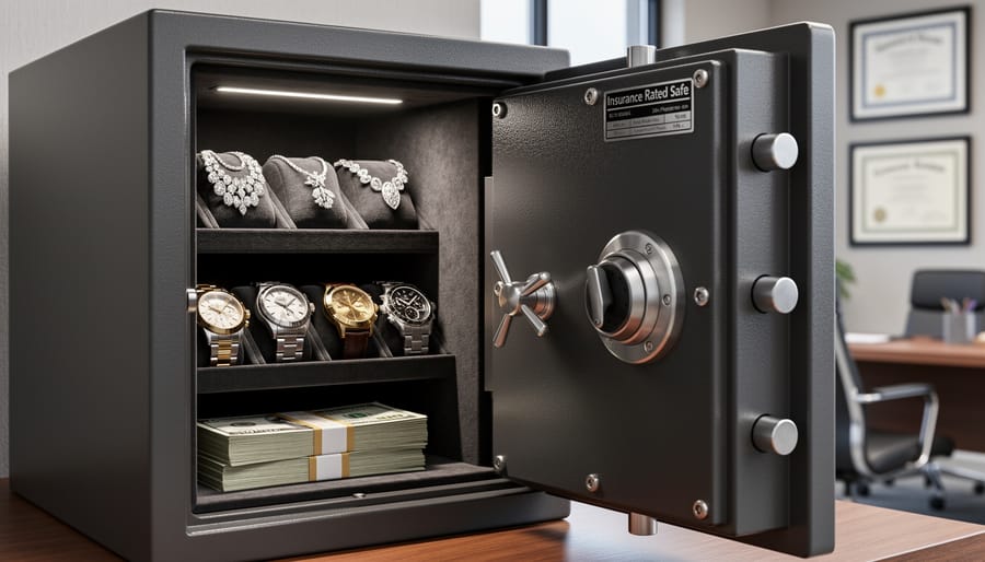 Expensive jewelry, luxury watches, and cash representing valuables requiring proper safe protection