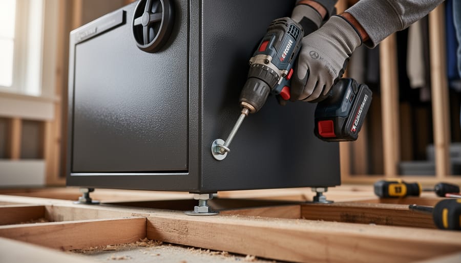 Gloved hands use a cordless impact driver to anchor a matte-black steel home safe to wood floor joists with heavy-duty lag bolts; low angle with natural side light and a blurred closet background, emphasizing secure installation.