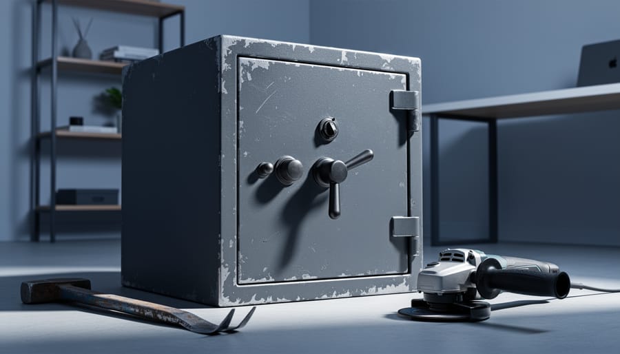 Three-quarter eye-level view of a steel home safe under dramatic side lighting with a pry bar and cordless angle grinder on the floor, blurred home office shelves in the background.