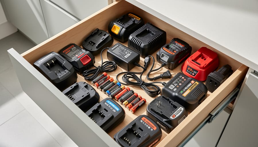 Overhead view of drawer filled with multiple incompatible power tool batteries and chargers from different brands