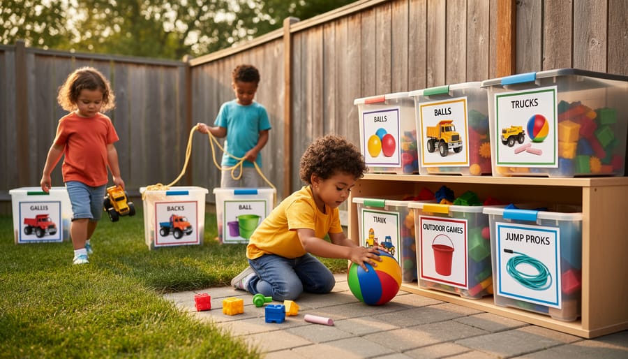Child placing toys into labeled storage bin with picture labels for easy identification