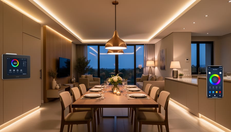 Kitchen with layered smart lighting including pendant lights, recessed lights, and under-cabinet illumination