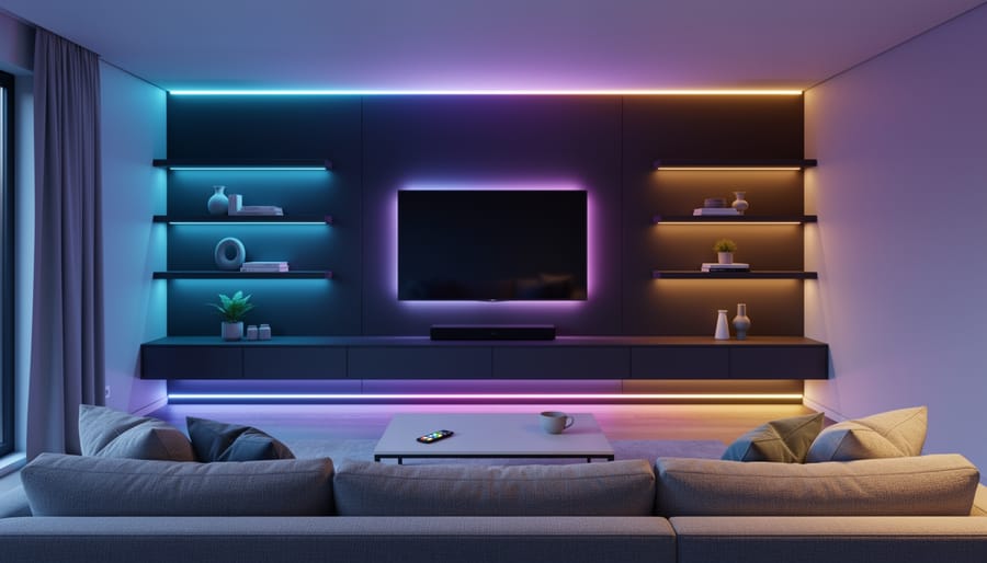 Various RGB LED light strips displaying different color temperatures and options