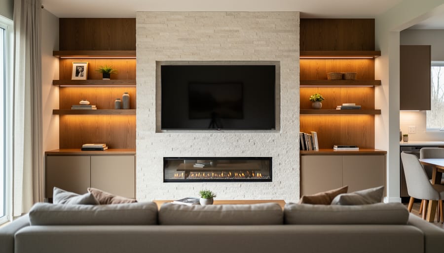 Modern living room with a built-in wood-and-stone media wall, floating shelves, and a TV mounted high above a linear fireplace, softly lit by natural daylight with a blurred sofa in the foreground.