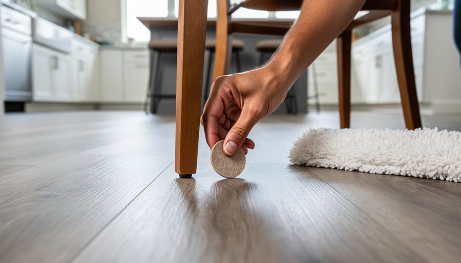 Low-angle close-up of a luxury vinyl plank floor in a modern kitchen, with a hand placing a felt pad on a chair leg next to a microfiber dust mop, bright natural light, and blurred cabinets in the background