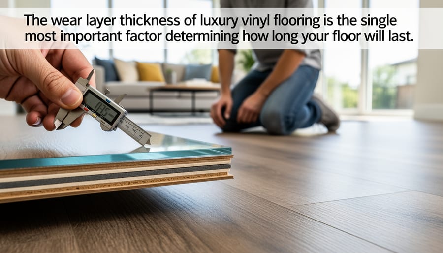 Close-up of luxury vinyl plank flooring showing detailed wood grain texture and surface wear layer