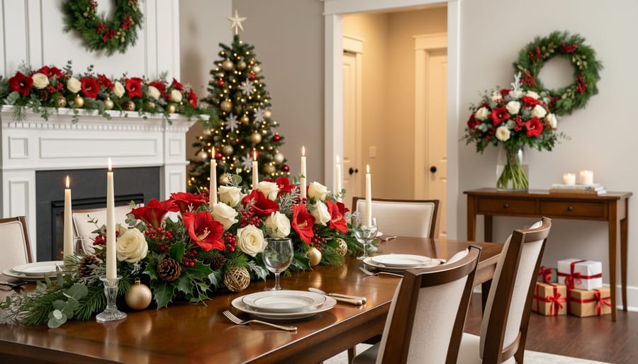 Rustic white and green Christmas floral arrangement displayed on stone fireplace mantel with stockings