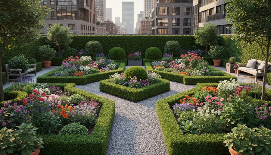Small parterre garden with geometric boxwood hedges and lavender plantings