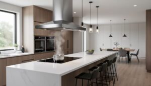 Modern kitchen interior with a brushed stainless steel island range hood above an induction cooktop emitting a faint steam wisp, white quartz island, warm oak cabinetry, matte black fixtures, pendant lights, and natural daylight from a left-side window; blurred dining nook in background.