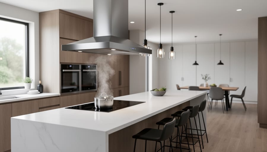 Modern kitchen interior with a brushed stainless steel island range hood above an induction cooktop emitting a faint steam wisp, white quartz island, warm oak cabinetry, matte black fixtures, pendant lights, and natural daylight from a left-side window; blurred dining nook in background.