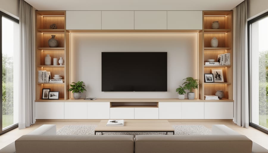 Modern living room media wall with mounted TV, wood paneling, and built-in shelving
