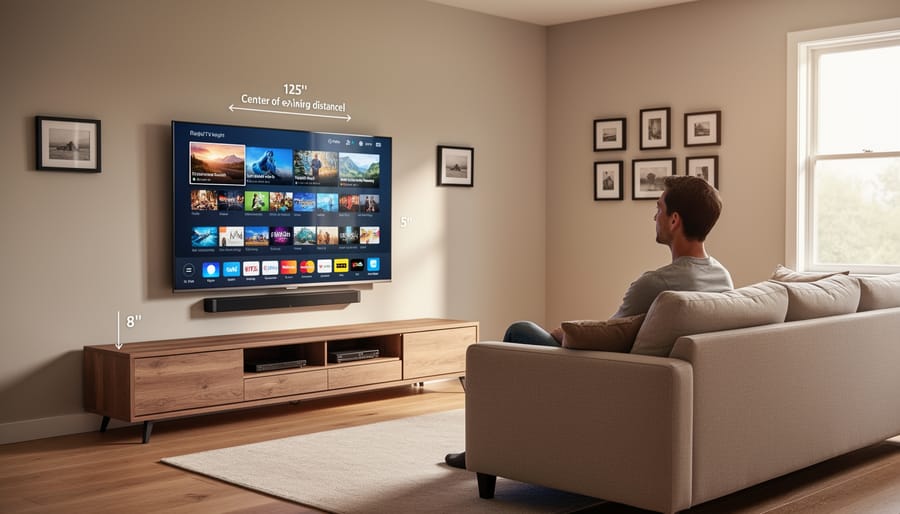 Couple watching TV at proper viewing height and distance in modern living room